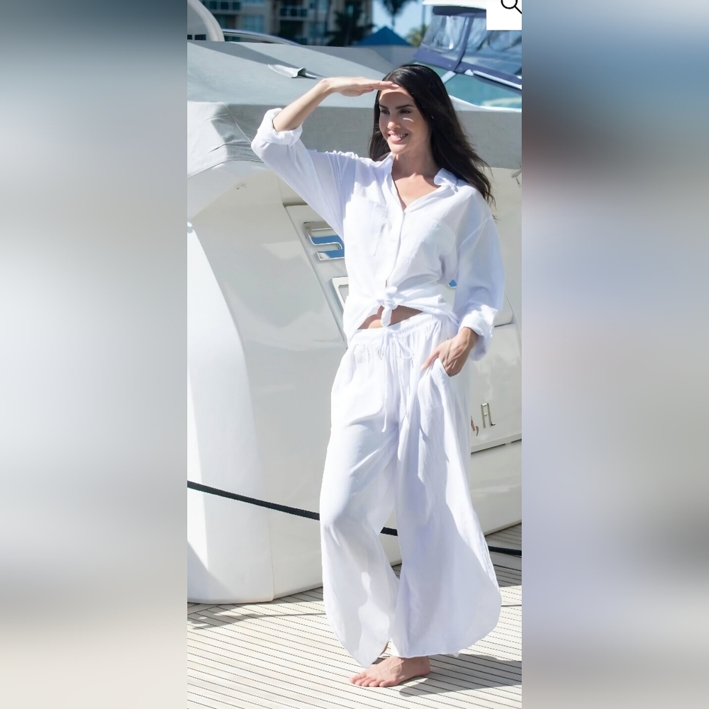 Cotton Natural 100% Cotton White Flowy Slit-Leg Thai Pants Size Small New! - Picture 2 of 7